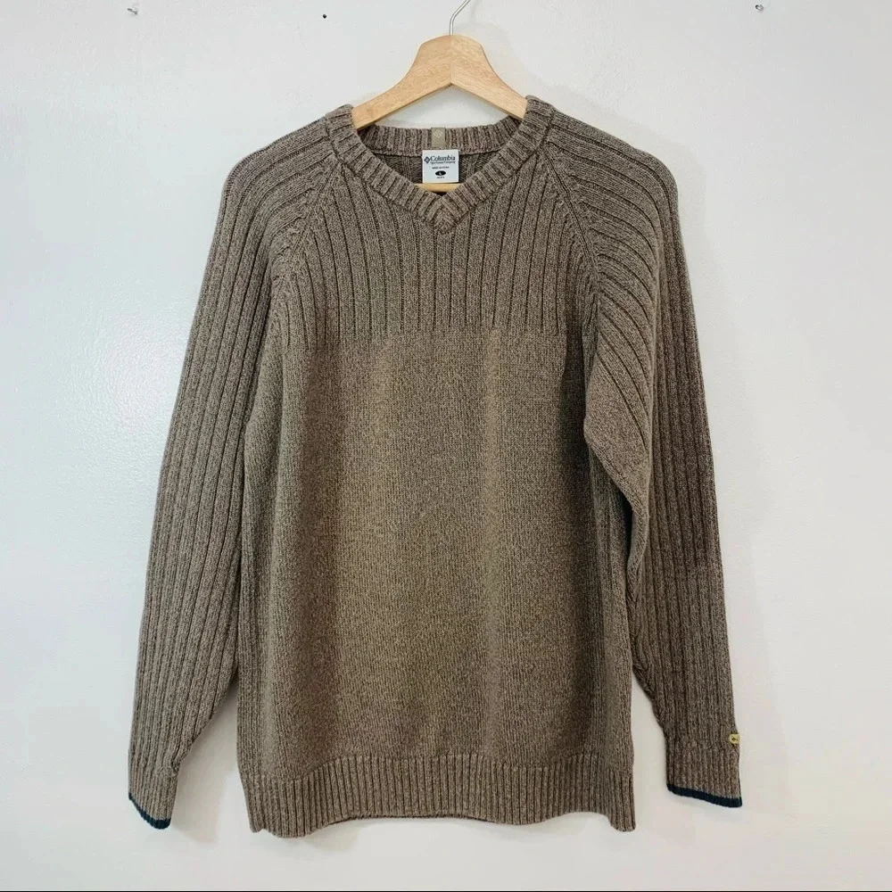 Columbia Chunky Sweater Men Large Brown V Neck Cotton Long Sleeve Logo‎ Warm
